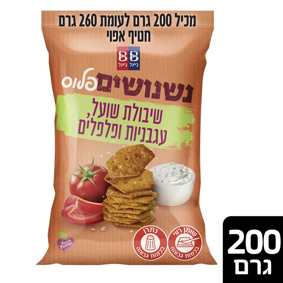 חטיף נשנושים פלוס עם שיבולת שועל, עגבניות ופלפלים בייגל בייגל