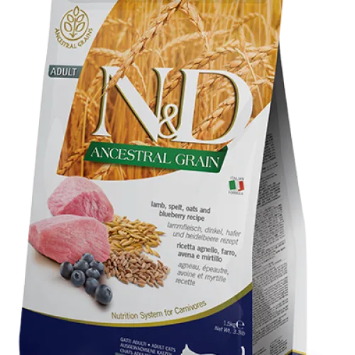 N&D נטורל אנד דלישס לחתול בוגר | כבש כוסמין שיבולת שועל ואוכמניות | 5 ק”ג