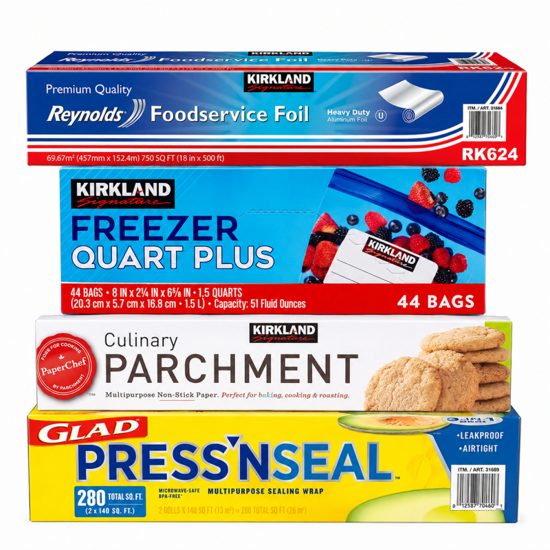 Kitchen Essentials Weekend Bundle | Aluminum Foil + Parchment Paper + Ziploc Bags + Plastic Wrap